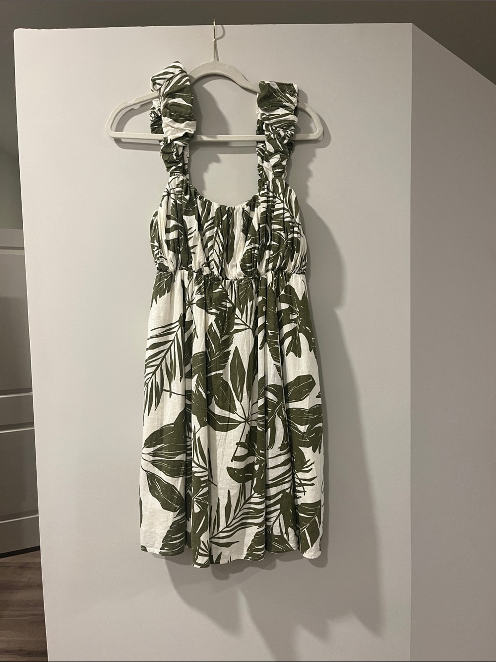 Green Leaf Print Sundress - Sleeveless Ruffle Strap Dress